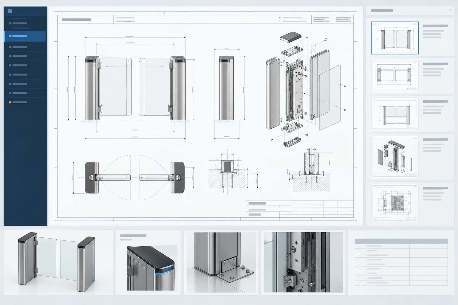 Technical preview of access gate drawings, dimensions and component details