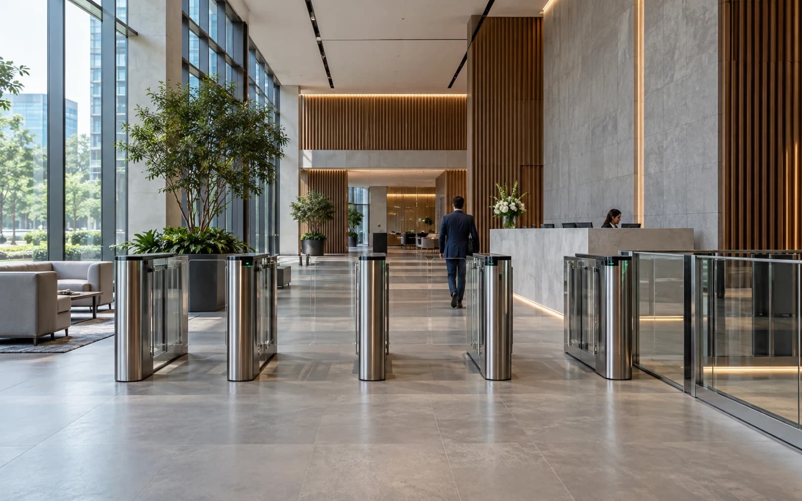Modern facility entrance with integrated access control gates